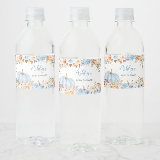 Étiquette Pour Bouteilles D'eau Baby shower Citrouille Floral bleu (Bouteilles)