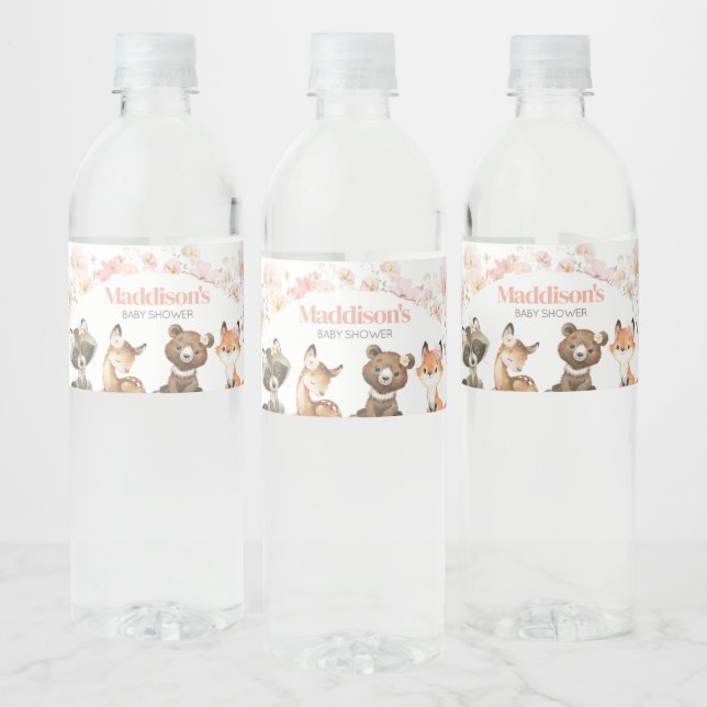 Étiquette Pour Bouteilles D'eau Baby shower d'animaux de bois rose floral (Bouteilles)