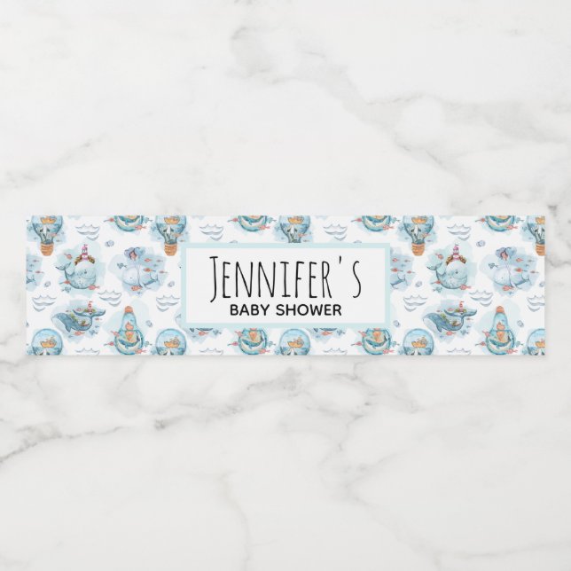 Étiquette Pour Bouteilles D'eau Baby shower d'aquarelle de la mer de Blancs (Étiquettes simples)
