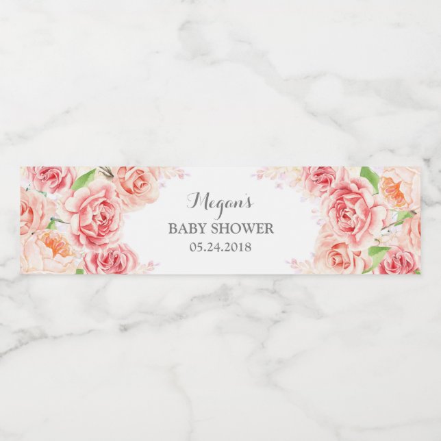 Étiquette Pour Bouteilles D'eau Baby shower d'aquarelle rose blanc (Étiquettes simples)