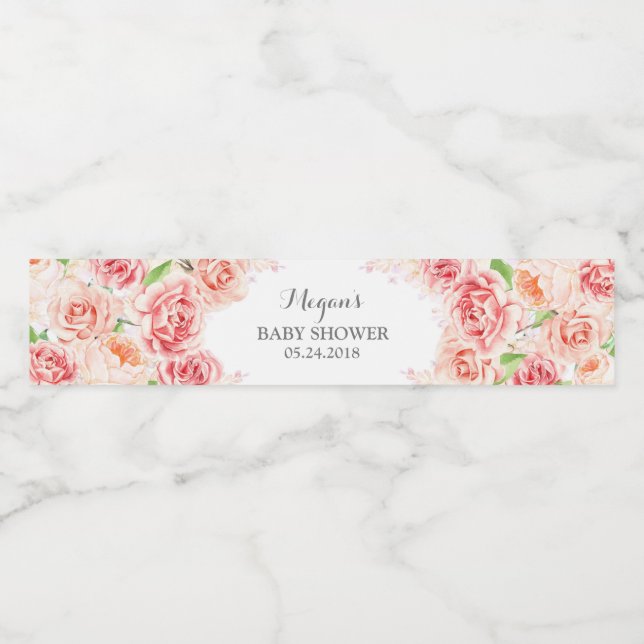 Étiquette Pour Bouteilles D'eau Baby shower d'aquarelle rose blanc (Étiquettes simples)