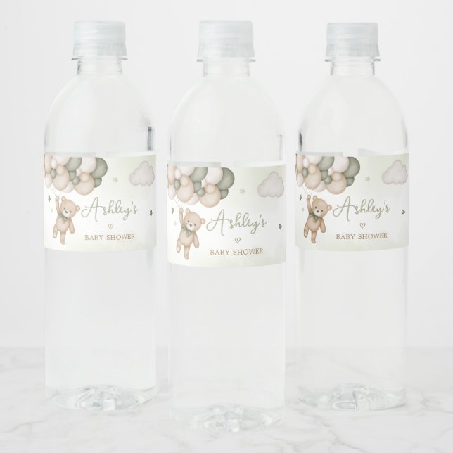Étiquette Pour Bouteilles D'eau Baby shower de ballon d'ours vert (Bouteilles)
