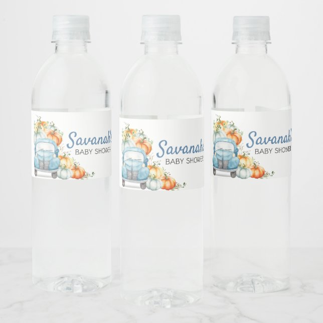Étiquette Pour Bouteilles D'eau Baby shower de camion bleu petit Citrouille (Bouteilles)