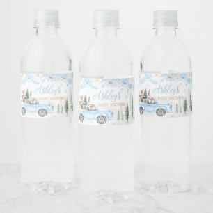 Étiquette Pour Bouteilles D'eau Baby shower de camion Blue Winter Woodland