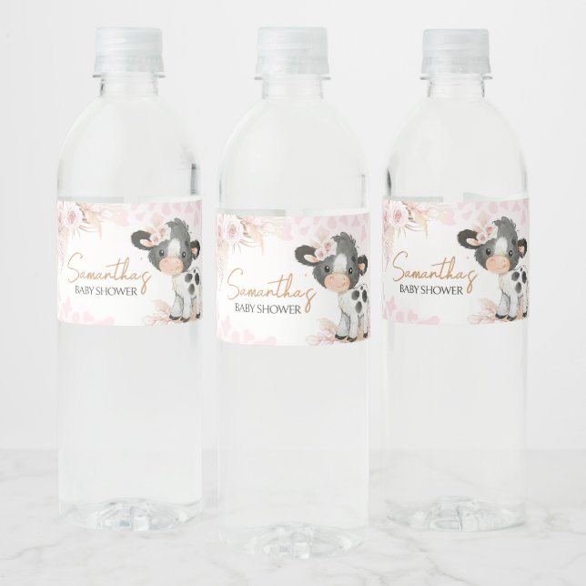 Étiquette Pour Bouteilles D'eau Baby shower de la vache rose (Bouteilles)