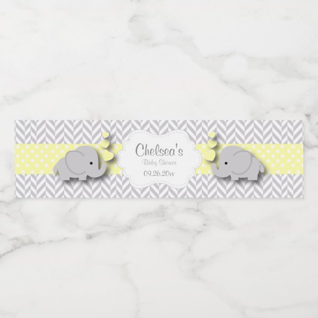 Étiquette Pour Bouteilles D'eau Baby shower d'éléphant jaune, gris blanc (Étiquettes simples)