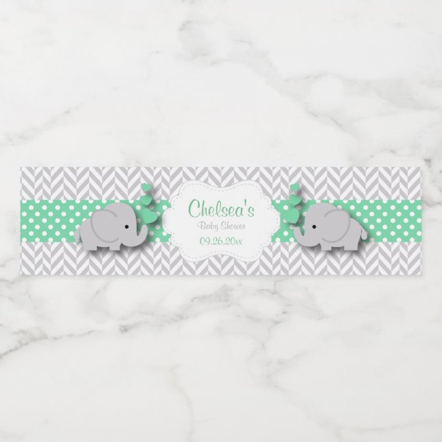 Étiquette Pour Bouteilles D'eau Baby shower d'éléphant vert, gris blanc (Étiquettes simples)