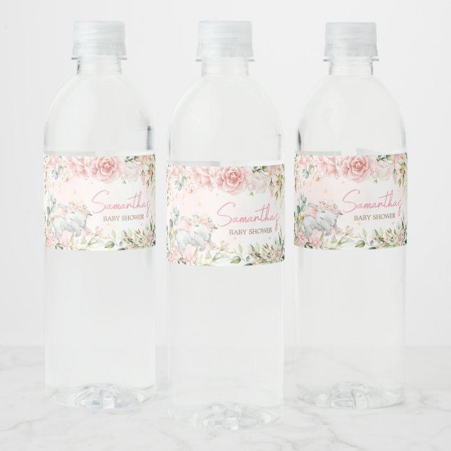 Étiquette Pour Bouteilles D'eau Baby shower d'éléphants floraux rose (Bouteilles)