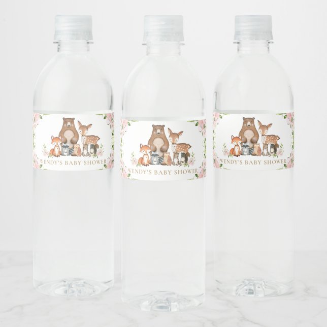 Étiquette Pour Bouteilles D'eau Baby shower des animaux de bois rose floral (Bouteilles)