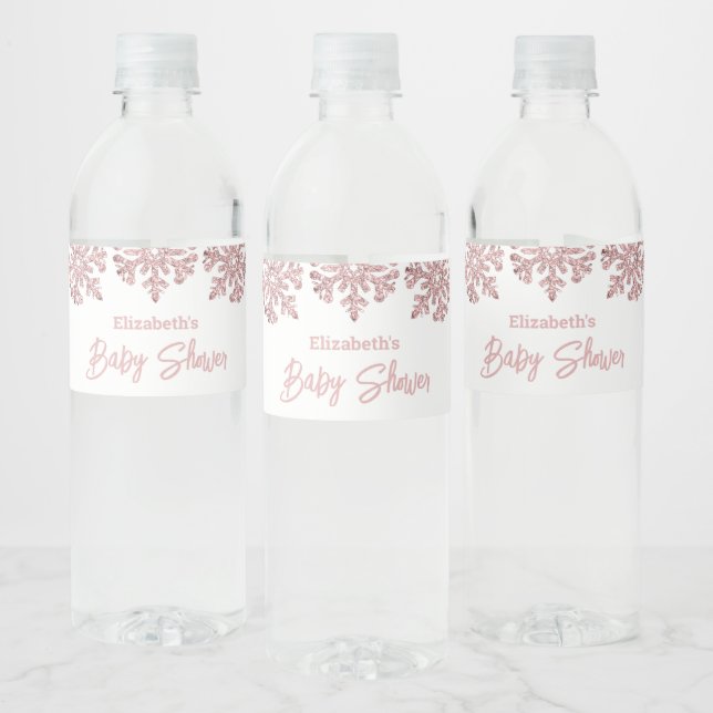 Étiquette Pour Bouteilles D'eau Baby shower d'hiver Pink Rose Gold Snowflake (Bouteilles)