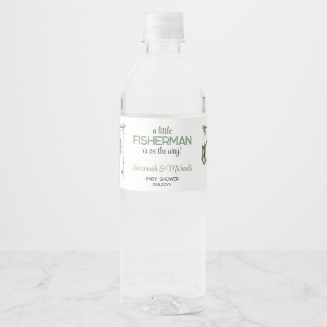 Étiquette Pour Bouteilles D'eau Baby Shower du Petit Pêcheur Vert (Devant)
