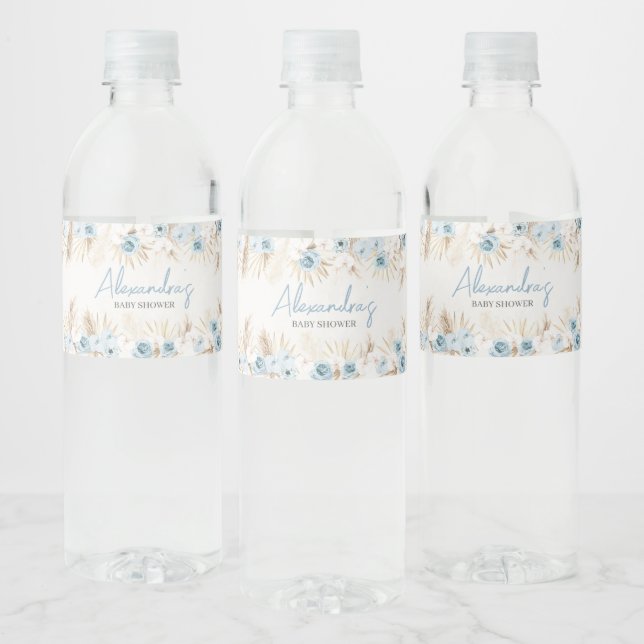 Étiquette Pour Bouteilles D'eau Baby shower en laiton Floral Bleu Pampas (Bouteilles)