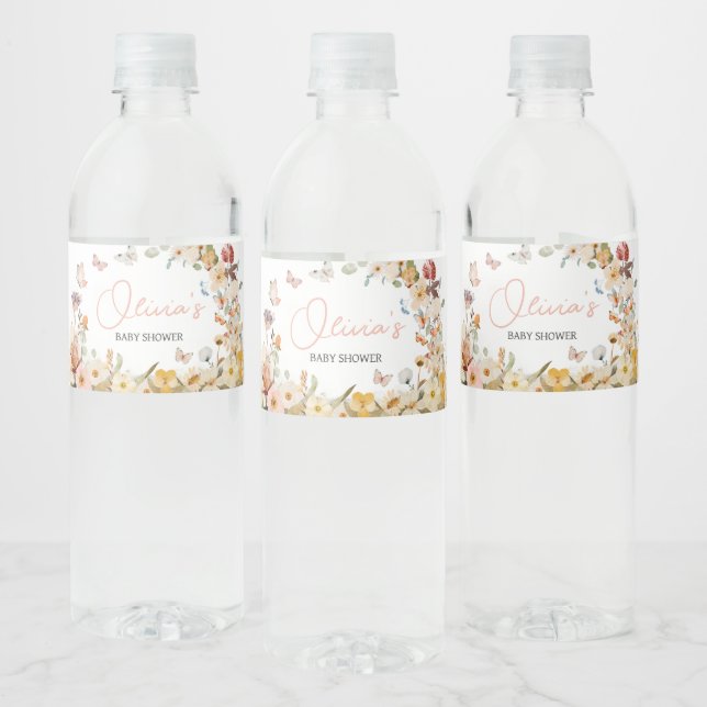Étiquette Pour Bouteilles D'eau Baby shower fleur sauvage petit papillon (Bouteilles)