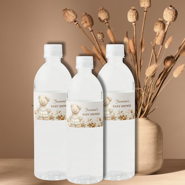 Étiquette Pour Bouteilles D'eau Baby shower Floral Ours En Teddy Rustique (Créateur téléchargé)