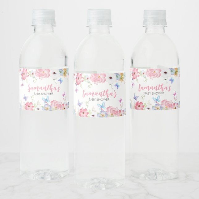 Étiquette Pour Bouteilles D'eau Baby shower Floral Petit Papillon (Bouteilles)