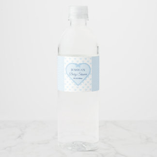 Étiquette Pour Bouteilles D'eau Baby Shower Garçon Cœur en Dentelle Gingham Bleu