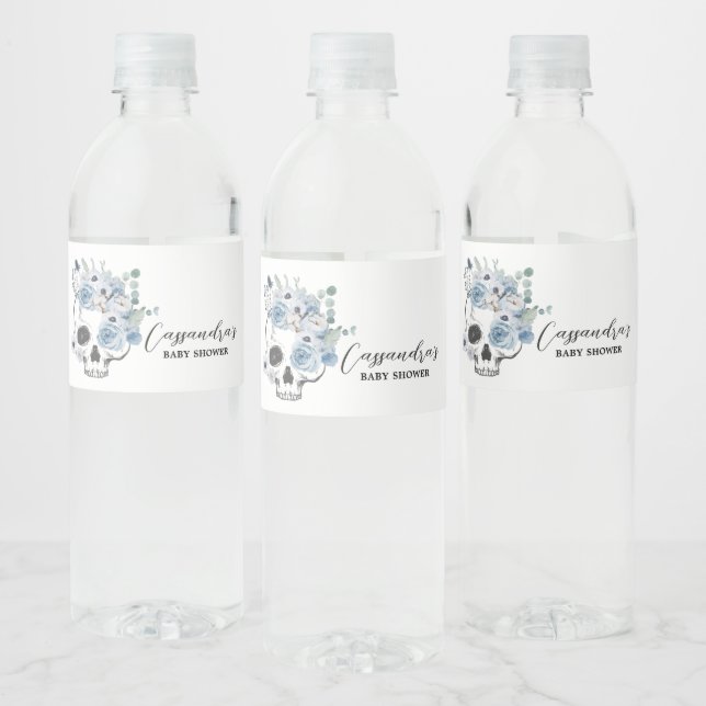 Étiquette Pour Bouteilles D'eau Baby shower gothique bleu floral (Bouteilles)