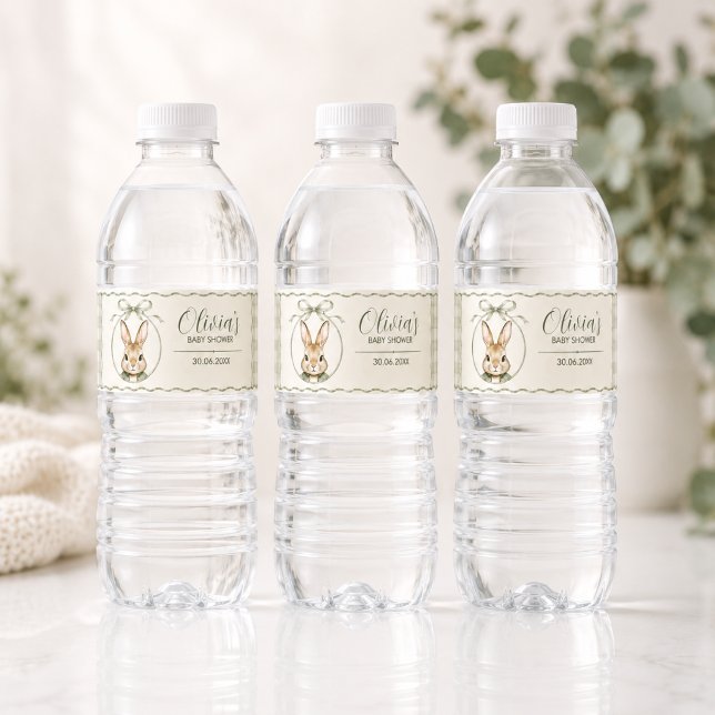 Étiquette Pour Bouteilles D'eau Baby Shower Lapin Gingham Sage (Créateur téléchargé)