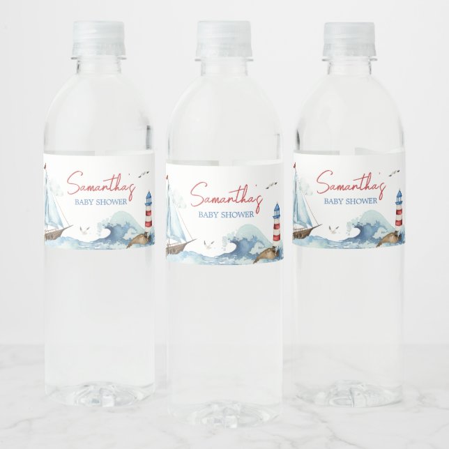 Étiquette Pour Bouteilles D'eau Baby Shower Marin Bleu Rouge  (Bouteilles)