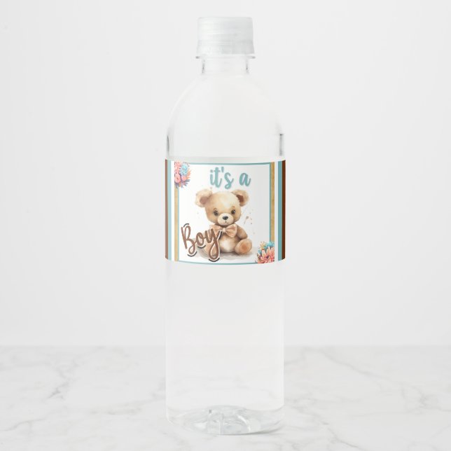 Étiquette Pour Bouteilles D'eau Baby shower Ours Bleu Boho (Devant)