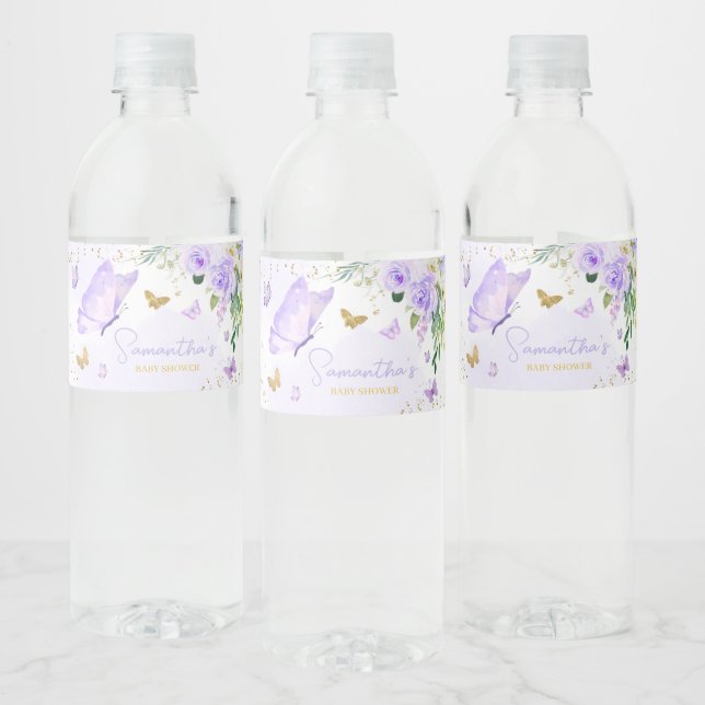 Étiquette Pour Bouteilles D'eau Baby shower papillon pourpre (Bouteilles)