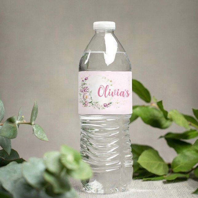 Étiquette Pour Bouteilles D'eau Baby shower rose lune florale (Créateur téléchargé)