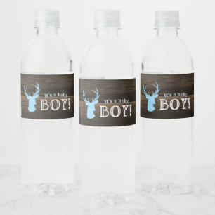 Étiquette Pour Bouteilles D'eau Baby shower rustique Bois Bleu Cerf