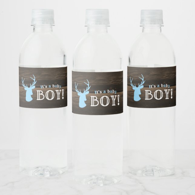 Étiquette Pour Bouteilles D'eau Baby shower rustique Bois Bleu Cerf (Bouteilles)