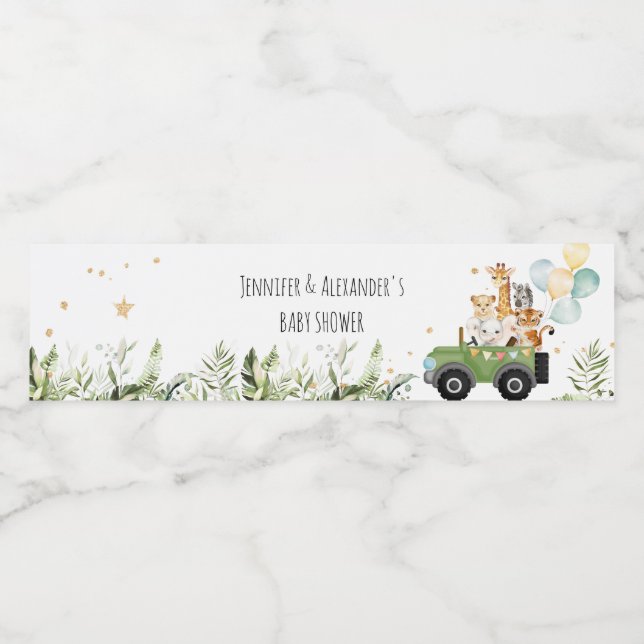 Étiquette Pour Bouteilles D'eau Baby shower Safari Baby Animals en voiture (Étiquettes simples)