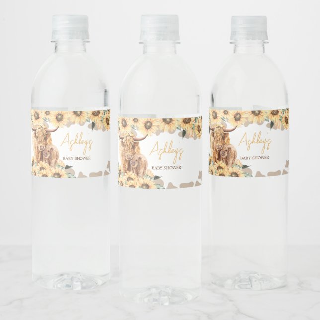 Étiquette Pour Bouteilles D'eau Baby shower Sunflower Highland Cow (Bouteilles)