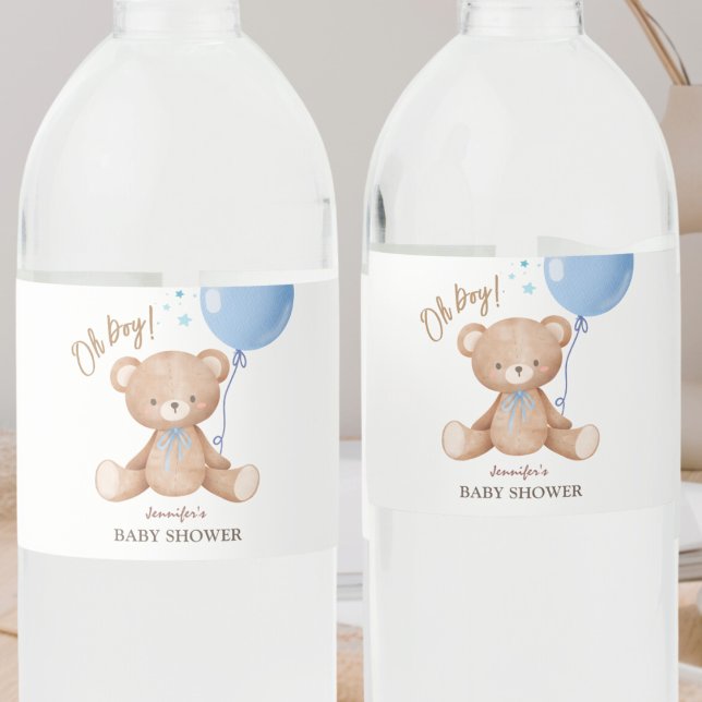 Étiquette Pour Bouteilles D'eau Ballotte bleu ours en peluche | Boy Baby shower Wa (Créateur téléchargé)
