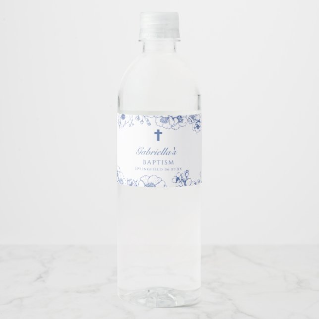 Étiquette Pour Bouteilles D'eau Baptême Botanique Fleurs Bleues (Devant)