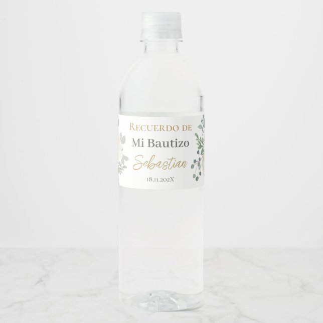 Étiquette Pour Bouteilles D'eau Baptême floral blanc (Devant)