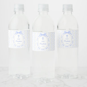 Étiquette Pour Bouteilles D'eau Baptême floral de la structure en ruban bleu