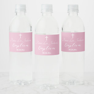 Étiquette Pour Bouteilles D'eau Baptême moderne Christening Croix Blanche Rose Dus