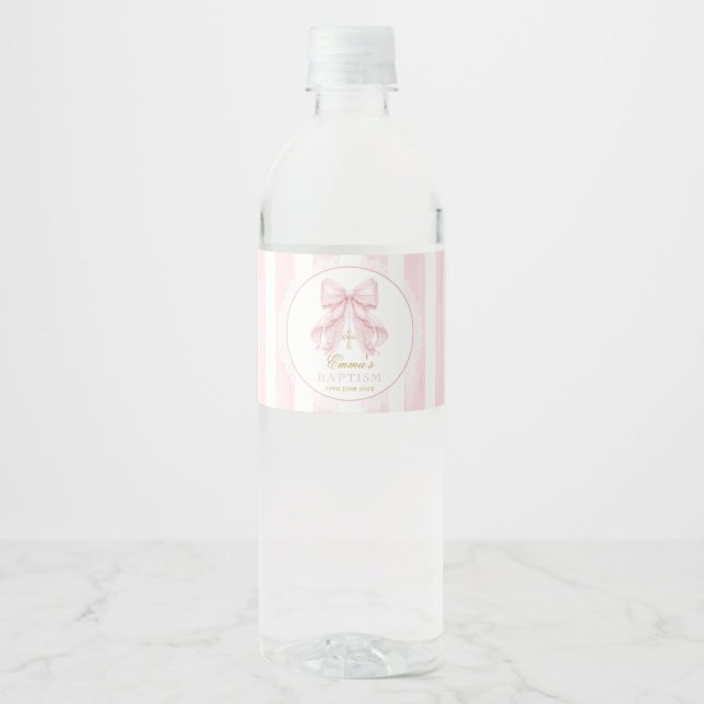 Étiquette Pour Bouteilles D'eau Baptême Nœud Rose Bébé Fille (Devant)