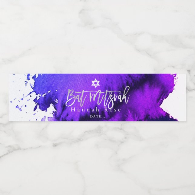 Étiquette Pour Bouteilles D'eau Bat mitzvah PixDezines, aquarelle violet électriqu (Étiquettes simples)