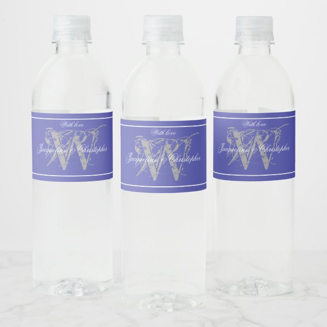 Étiquette Pour Bouteilles D'eau Beau Bleu, Monogramme, Rustique Mariage Chic (Bouteilles)