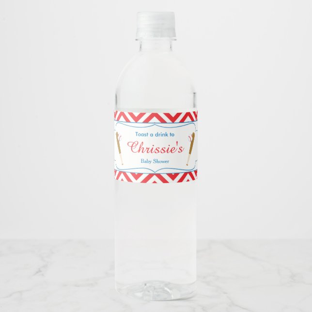 Étiquette Pour Bouteilles D'eau Bébé baseball chevron rouge et blanc (Devant)