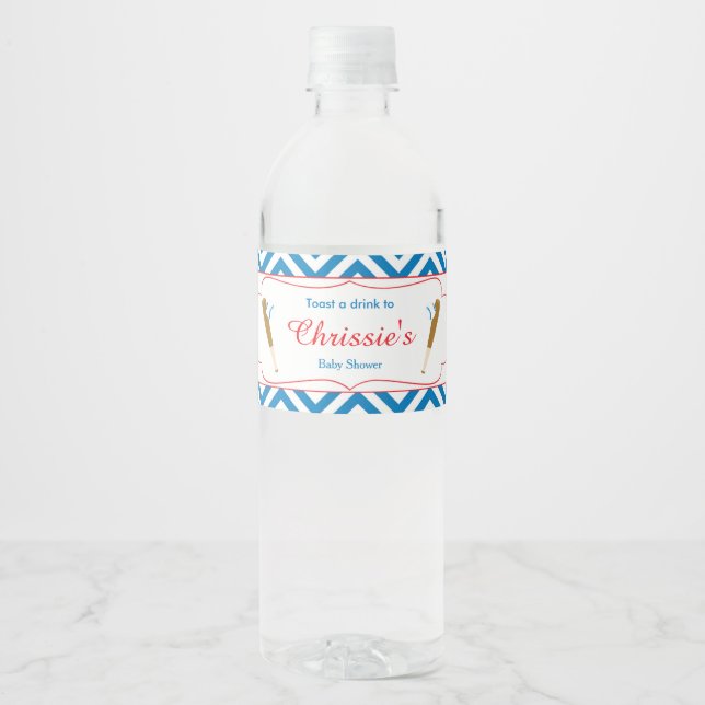 Étiquette Pour Bouteilles D'eau Bébé de baseball bleu et blanc Chevron (Devant)