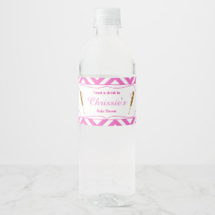 Étiquette Pour Bouteilles D'eau Bébé de baseball rose et blanc Chevron