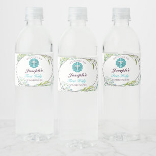 Étiquette Pour Bouteilles D'eau Belle Croix Bleue Floral Première Communion Sainte