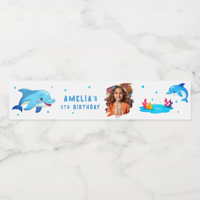 Étiquette Pour Bouteilles D'eau Belle Dolphin Sea Animaux Photo Anniversaire (Étiquettes simples)