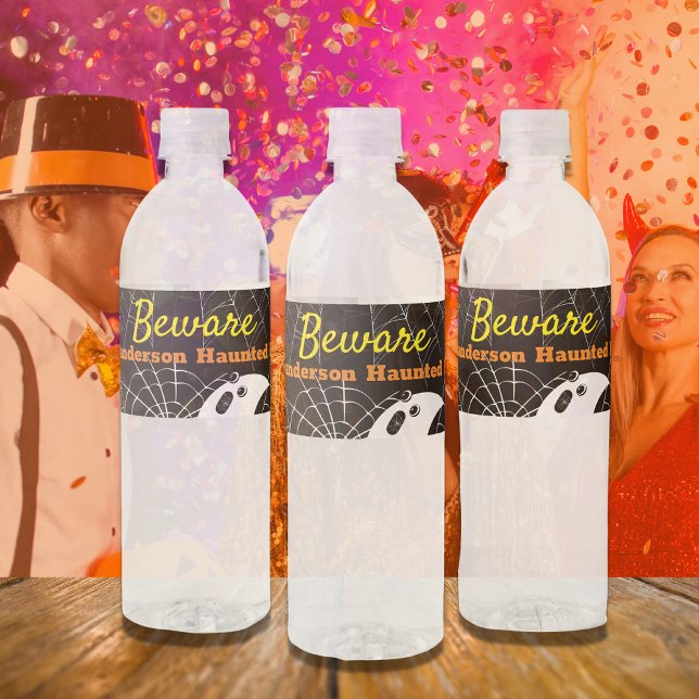 Étiquette Pour Bouteilles D'eau Black avec White Spider Webs et mignon Fantôme mod (Créateur téléchargé)