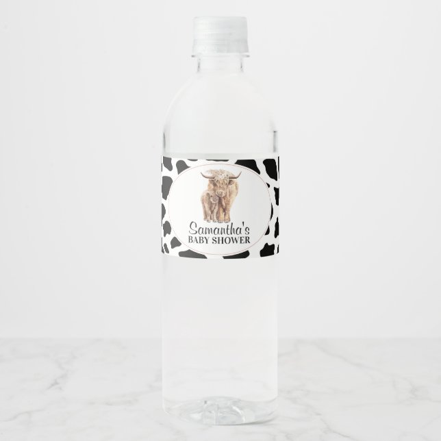 Étiquette Pour Bouteilles D'eau Black Cow Print Highland Cow Calf Baby shower (Devant)