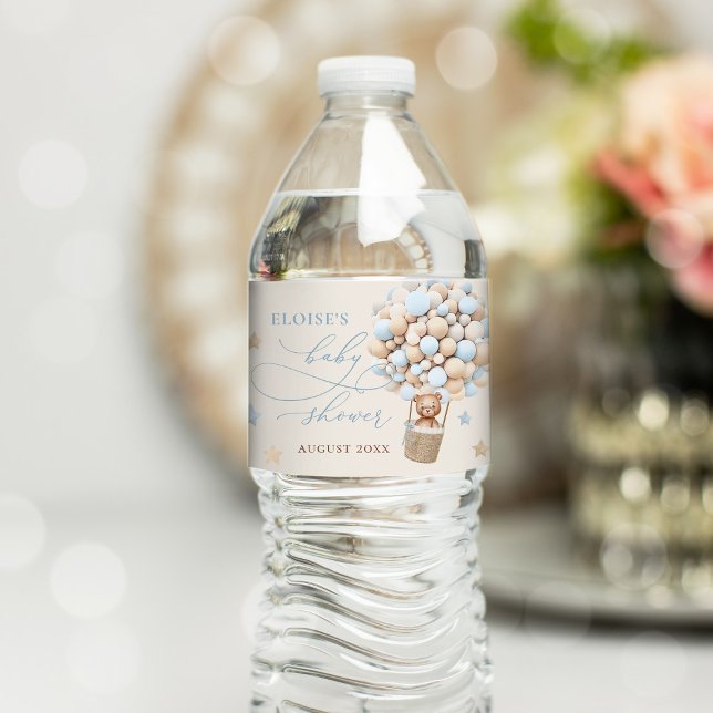 Étiquette Pour Bouteilles D'eau Bleu Boy Teddy Bear Balloon Baby shower (Créateur téléchargé)