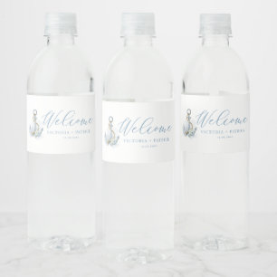 Étiquette Pour Bouteilles D'eau Bleu et Blanc Fleurs Ancre Nautique Mariage