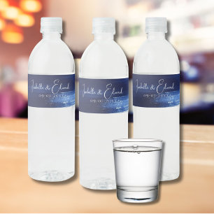 Étiquette Pour Bouteilles D'eau Bleu Nuit Moderne & Blanc Traits de Pinceau Aquare