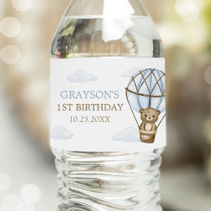Étiquette Pour Bouteilles D'eau Blue Bear Hot Air Balloon Boys 1er anniversaire