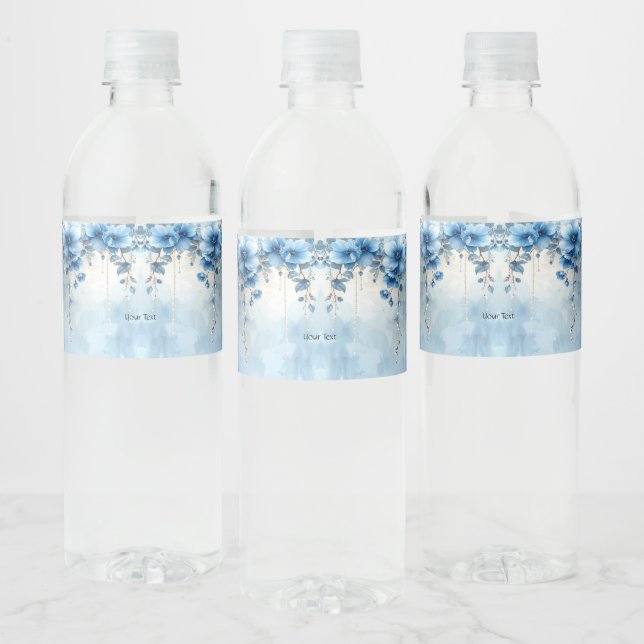 Étiquette Pour Bouteilles D'eau Blue Flowers and Pearls Water Bottle Label (Bouteilles)